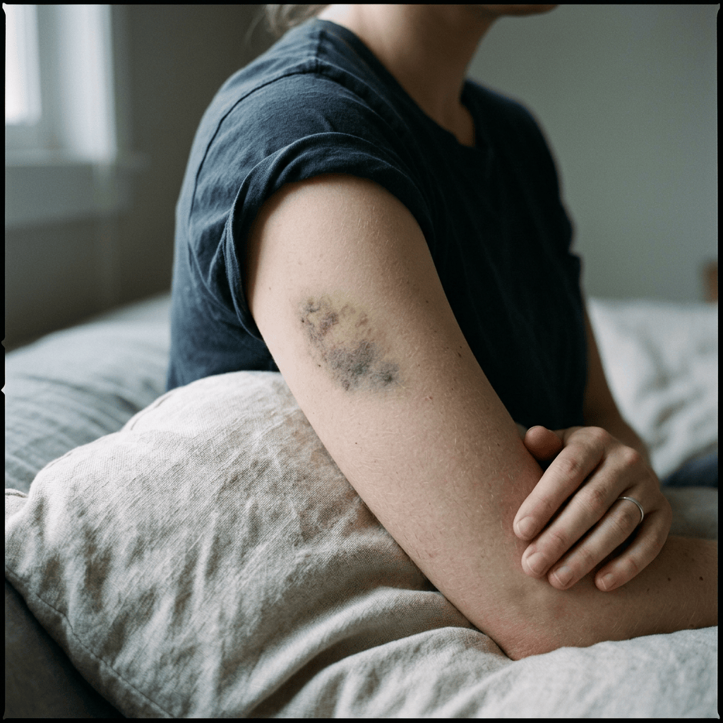 Healing bruise visible on a person's upper arm