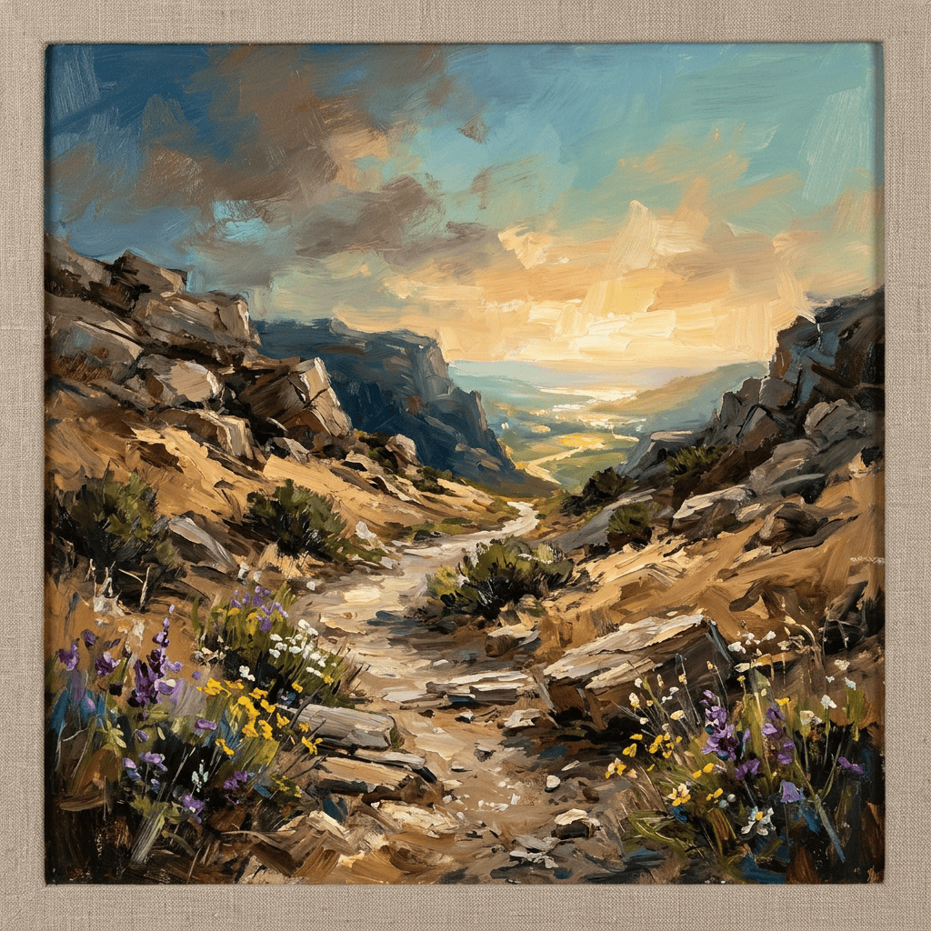 Rocky mountain trail with wildflowers leading toward a sunlit valley