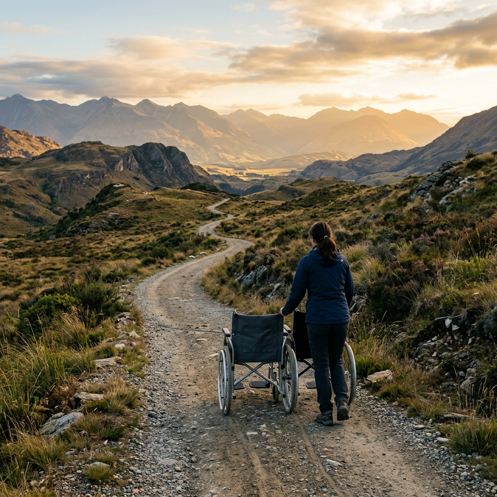 Woman pushing a wheelchair along a rugged mountain trail at sunset