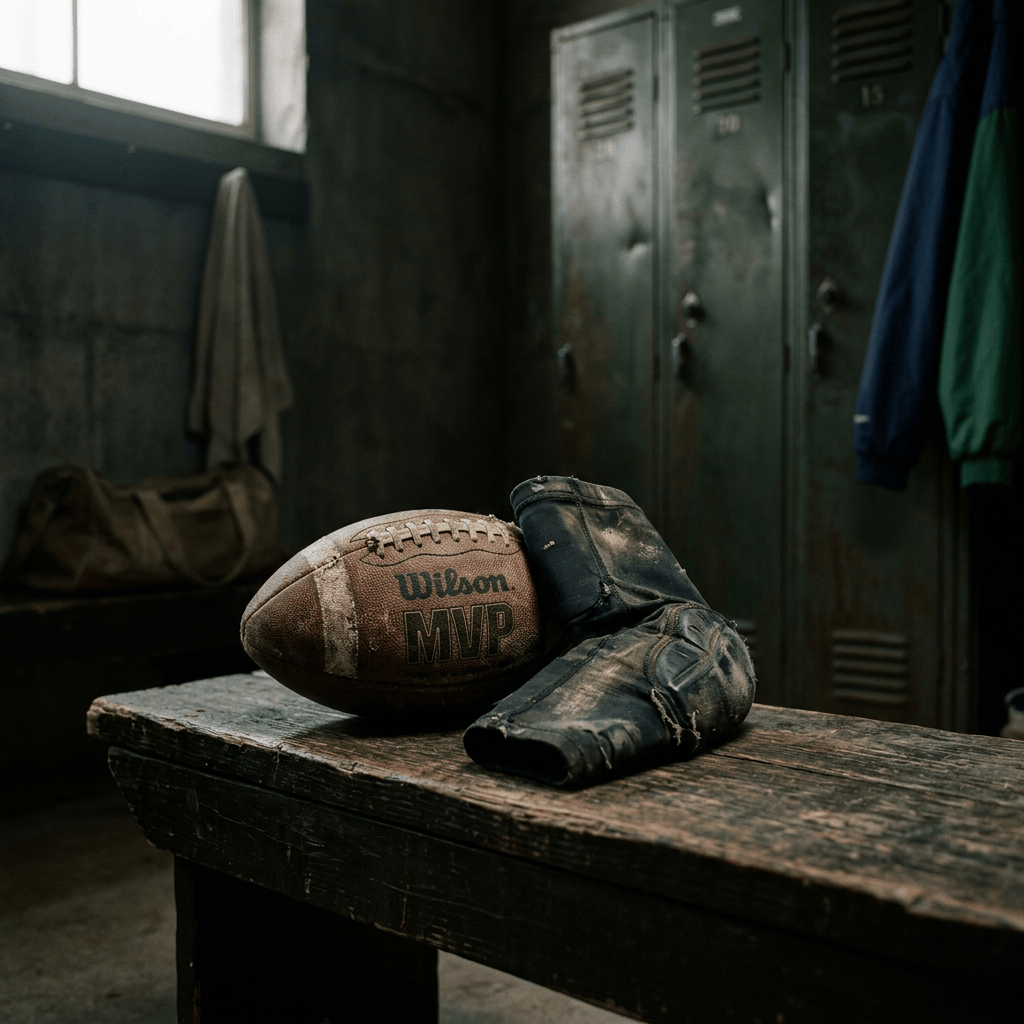 Worn football and cleat on a wooden locker-room bench