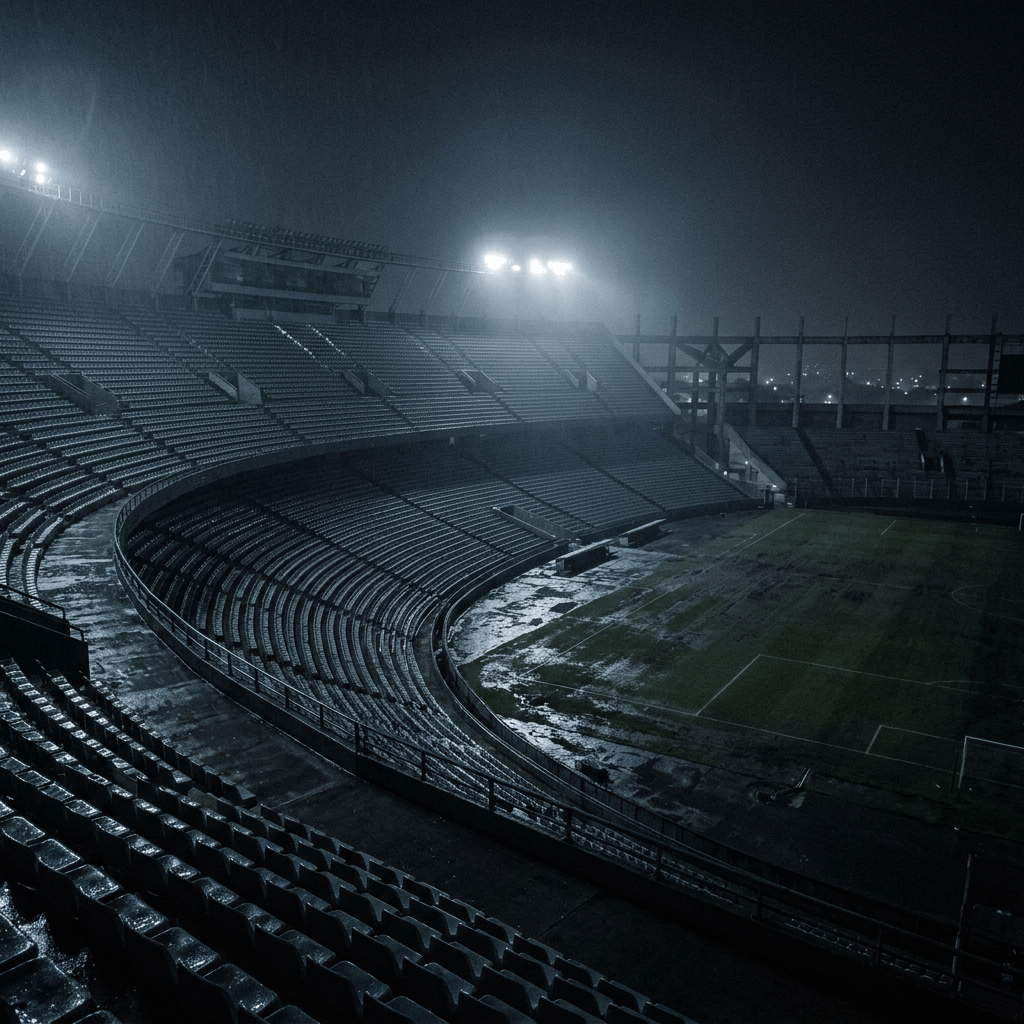 Empty football stadium with wet seats and field under rainy night floodlights