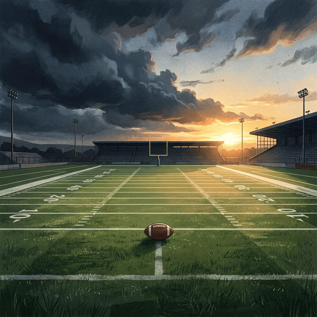 Soccer ball at midfield on an empty stadium field at sunset