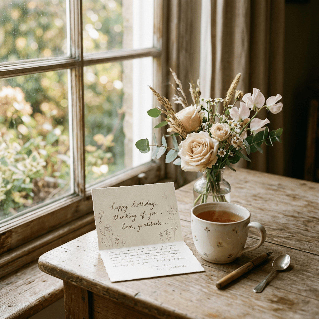 Tender birthday card still life with tea and flowers