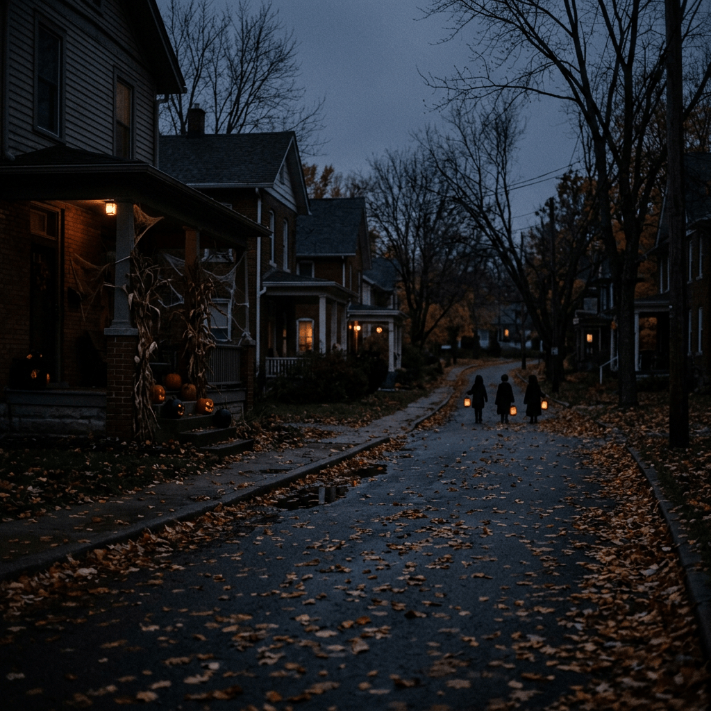 Three children carrying glowing lanterns walk down a leaf-covered residential street at dusk