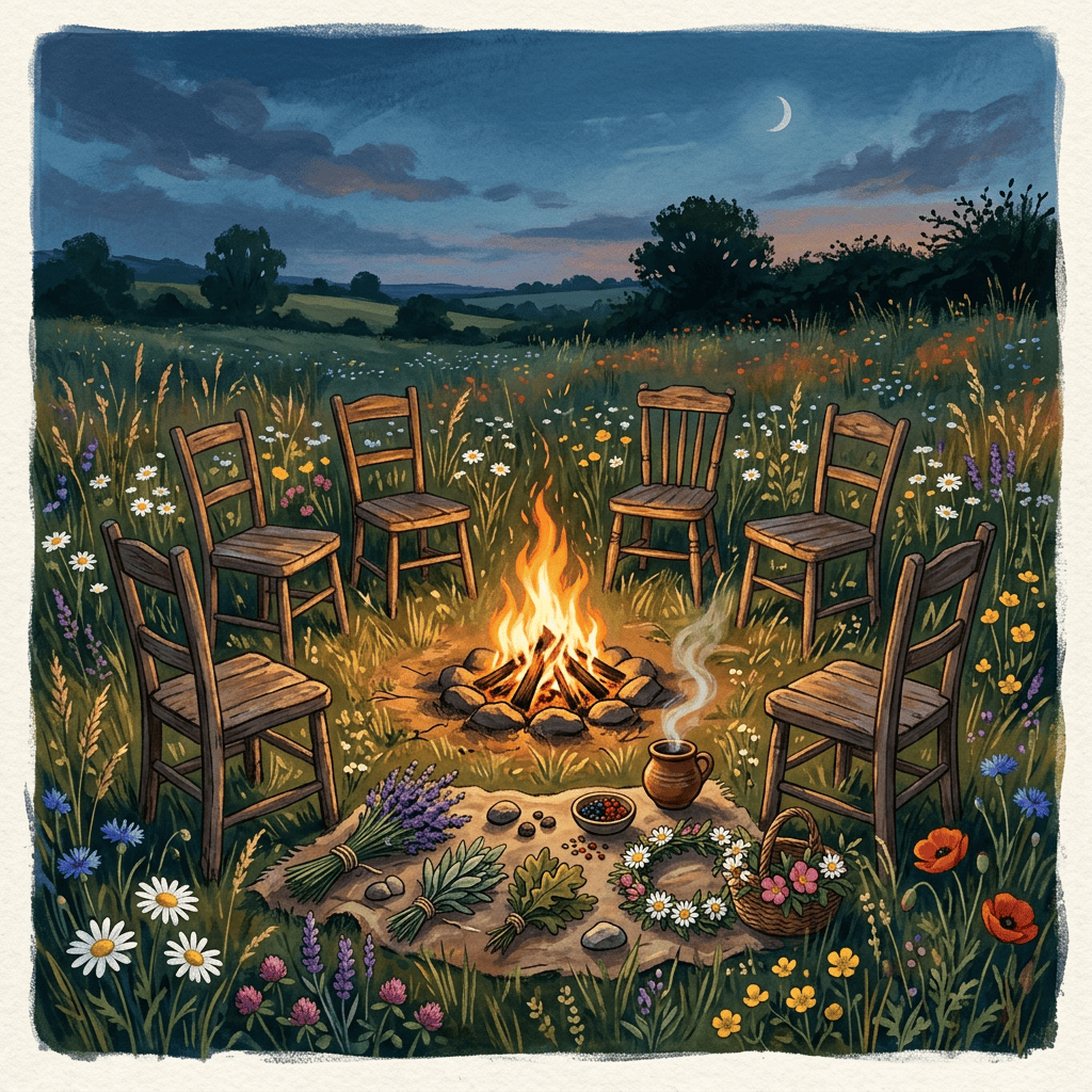 Campfire surrounded by chairs and wildflowers in a moonlit meadow