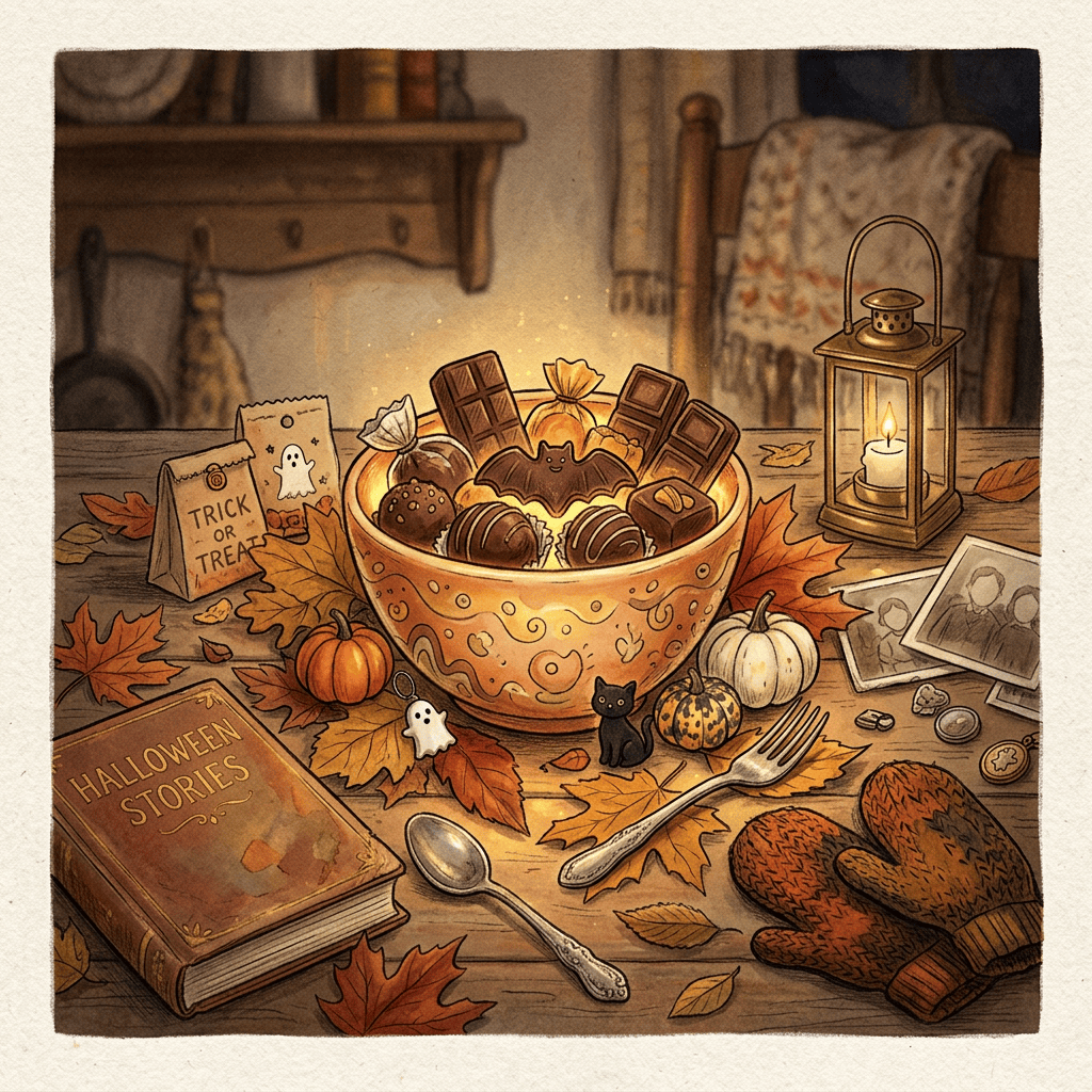 Halloween table with candy bowl, pumpkins, autumn leaves, lantern, and book titled Halloween Stories