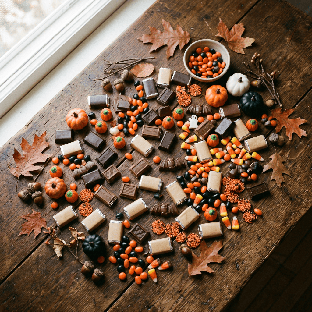 Halloween candy, chocolates, pumpkins, and autumn leaves on a wooden table