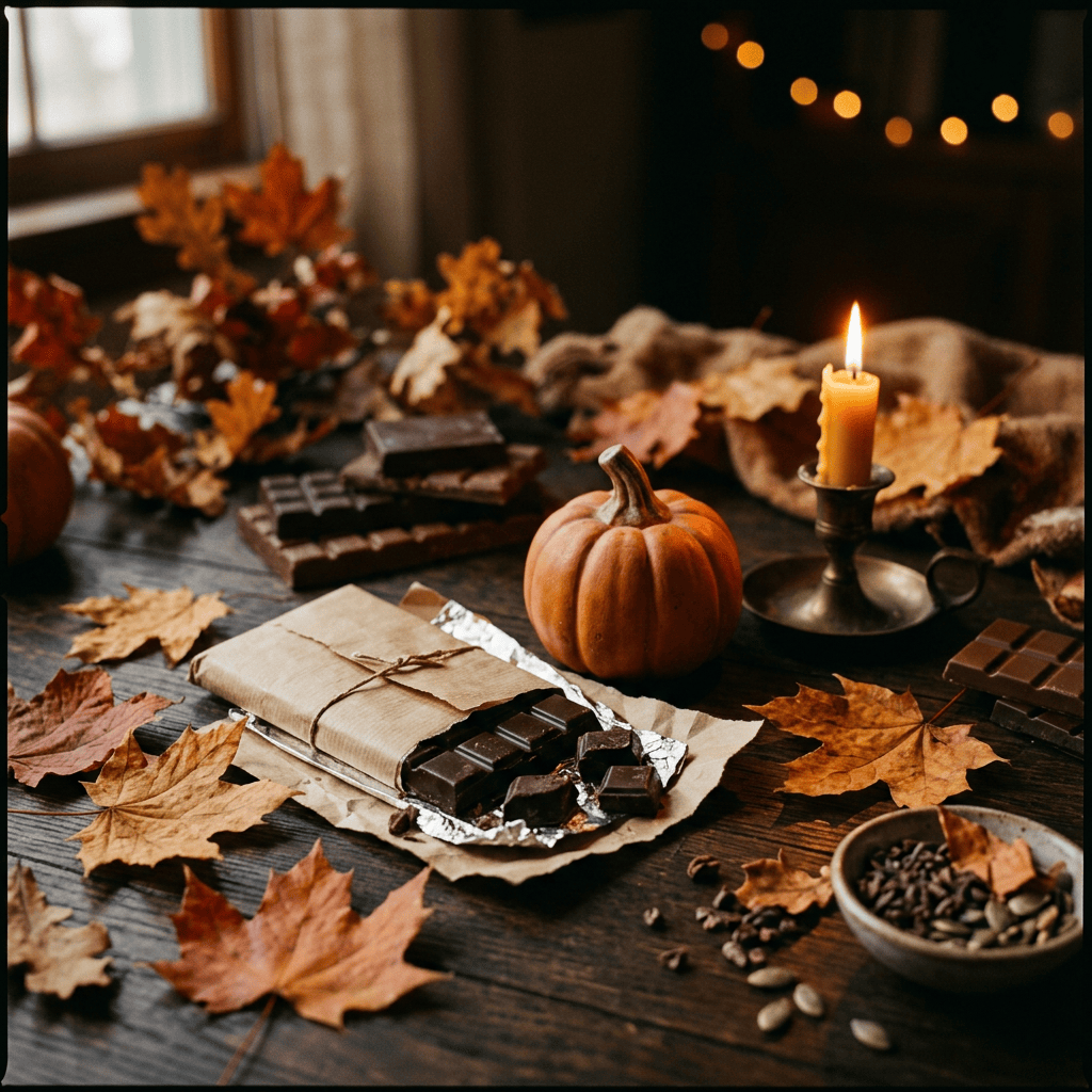 Pumpkin, chocolate, autumn leaves, and lit candle on a rustic table